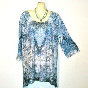 Catherines 0X 16 Blue Paisley Rhinestone Top H390